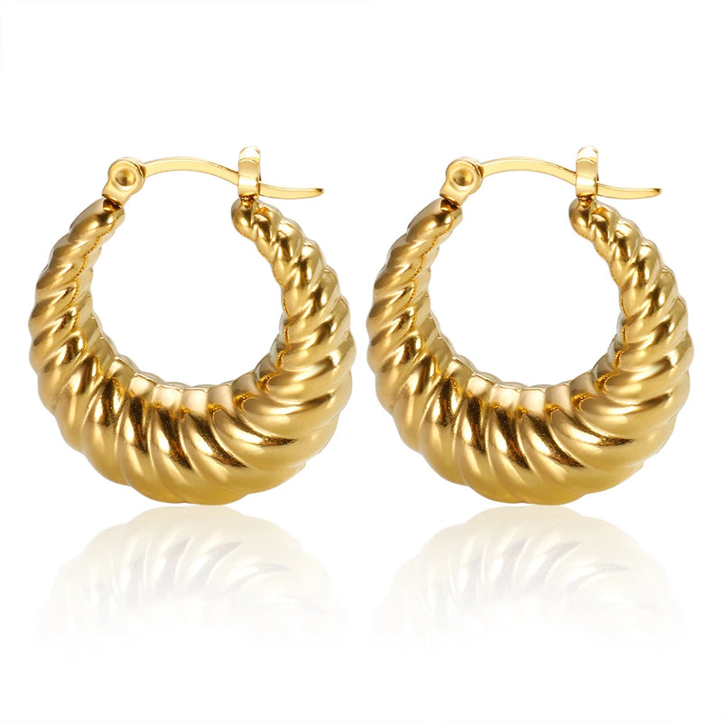 Vintage Stainless Steel CC Croissant Hoop Earrings 18K Plated