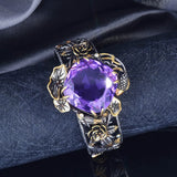 Vintage Amethyst Gemstone Bracelet w/ Silver Hollow Violet Rose - Birthday Gift
