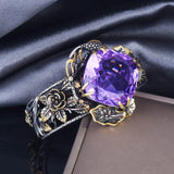 Vintage Amethyst Gemstone Bracelet w/ Silver Hollow Violet Rose - Birthday Gift