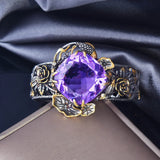 Vintage Amethyst Gemstone Bracelet w/ Silver Hollow Violet Rose - Birthday Gift