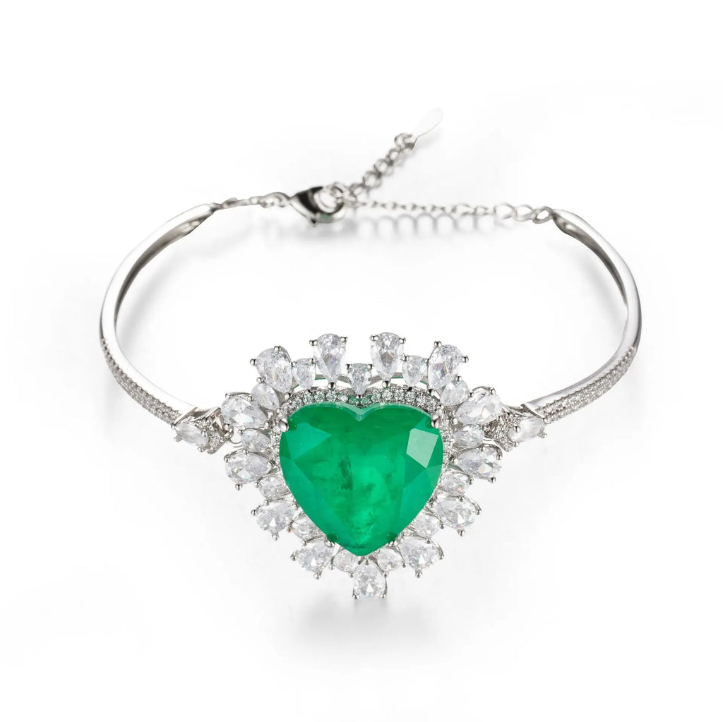 Vintage Heart Shaped Paraiba Stone Emerald Bangle Bracelet
