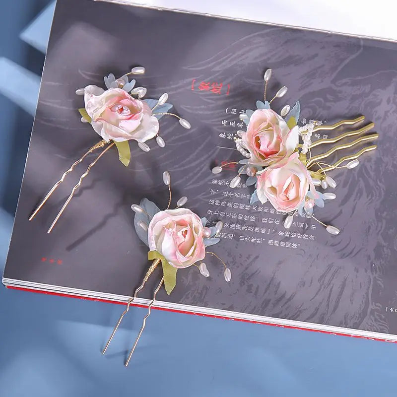 Vintage Chinese Flower Hair Accessory for Women Hanfu Pink Hairpin