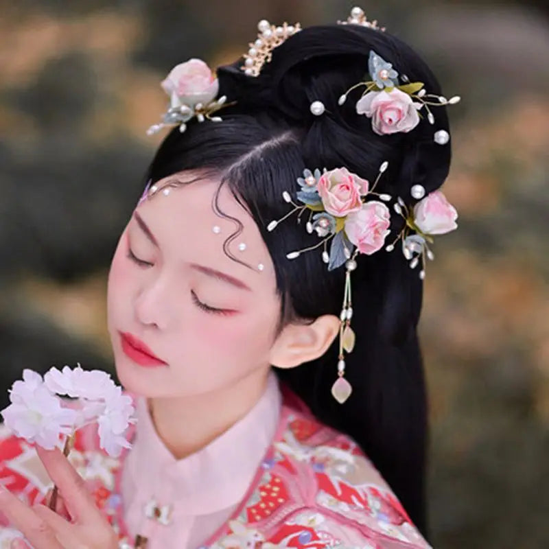Vintage Chinese Flower Hair Accessory for Women Hanfu Pink Hairpin