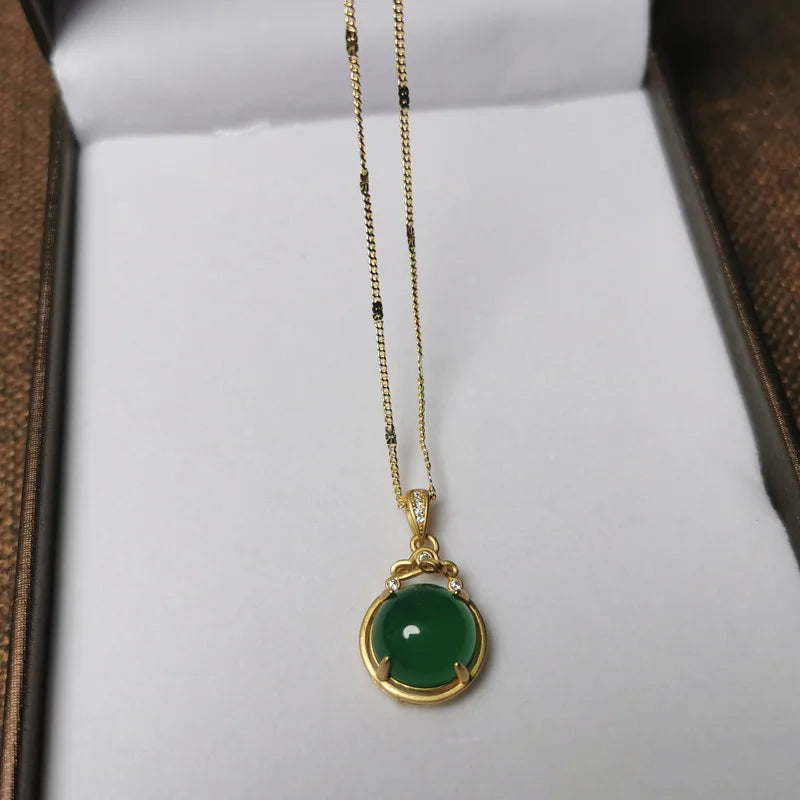 Vintage Chinese Green Jade 925 Silver Necklace for Women