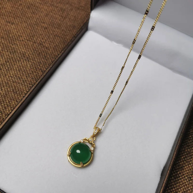 Vintage Chinese Green Jade 925 Silver Necklace for Women