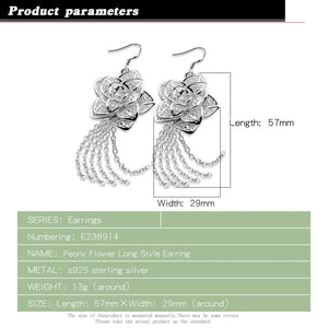 925 Silver Peony Flower Tassel Earrings Chinese Style Women's Oriental Charm
