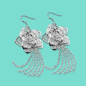 925 Silver Peony Flower Tassel Earrings Chinese Style Women's Oriental Charm