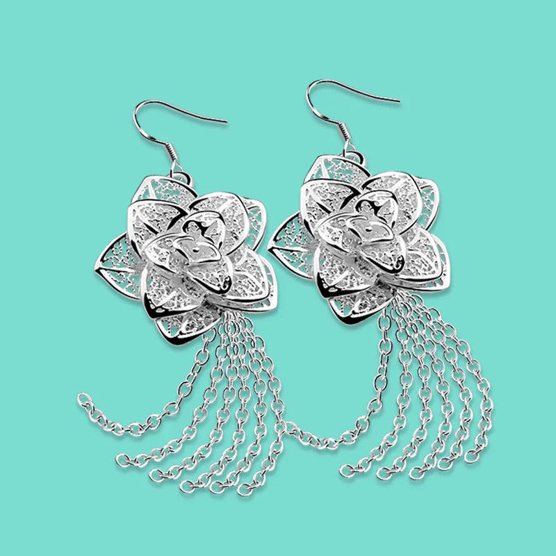 925 Silver Peony Flower Tassel Earrings Chinese Style Women's Oriental Charm
