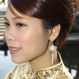 925 Silver Peony Flower Tassel Earrings Chinese Style Women's Oriental Charm
