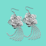 925 Silver Peony Flower Tassel Earrings Chinese Style Women's Oriental Charm
