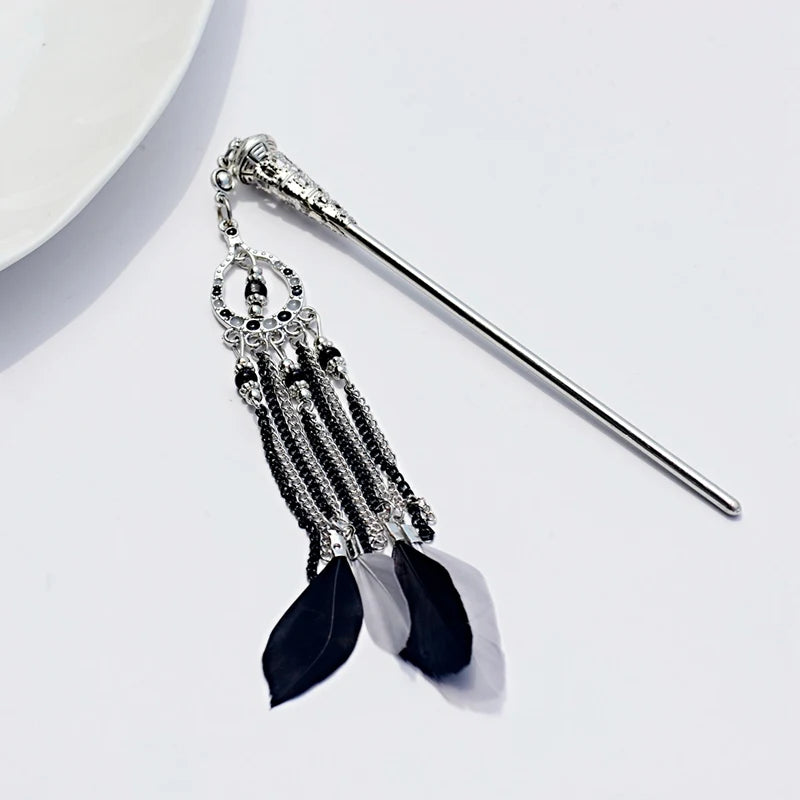 Vintage Chinese Style Hair Sticks with Feather Tassel Pendant