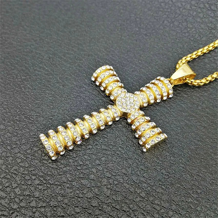 Christian Jesus Cross Pendant Necklace Men Stainless Steel Iced Rhinestones