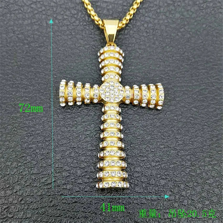 Christian Jesus Cross Pendant Necklace Men Stainless Steel Iced Rhinestones