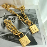 Chunky Metal Chain Necklace with Letter B Lock Pendant for Women