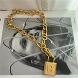 Chunky Metal Chain Necklace with Letter B Lock Pendant for Women