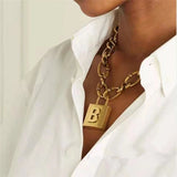 Chunky Metal Chain Necklace with Letter B Lock Pendant for Women