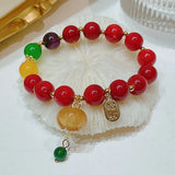 Vintage Cinnabar Lock&Jade Gourd Pendant Bracelets