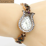 Vintage Flower Women Bracelet Watch Rhinestone Bangle Resin Dresswatch