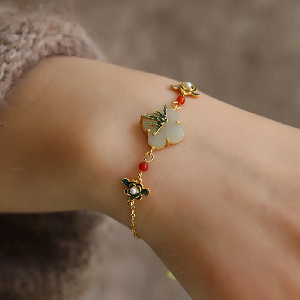 Vintage Green Jade Enamel Chain Bracelet 14k Jewelry
