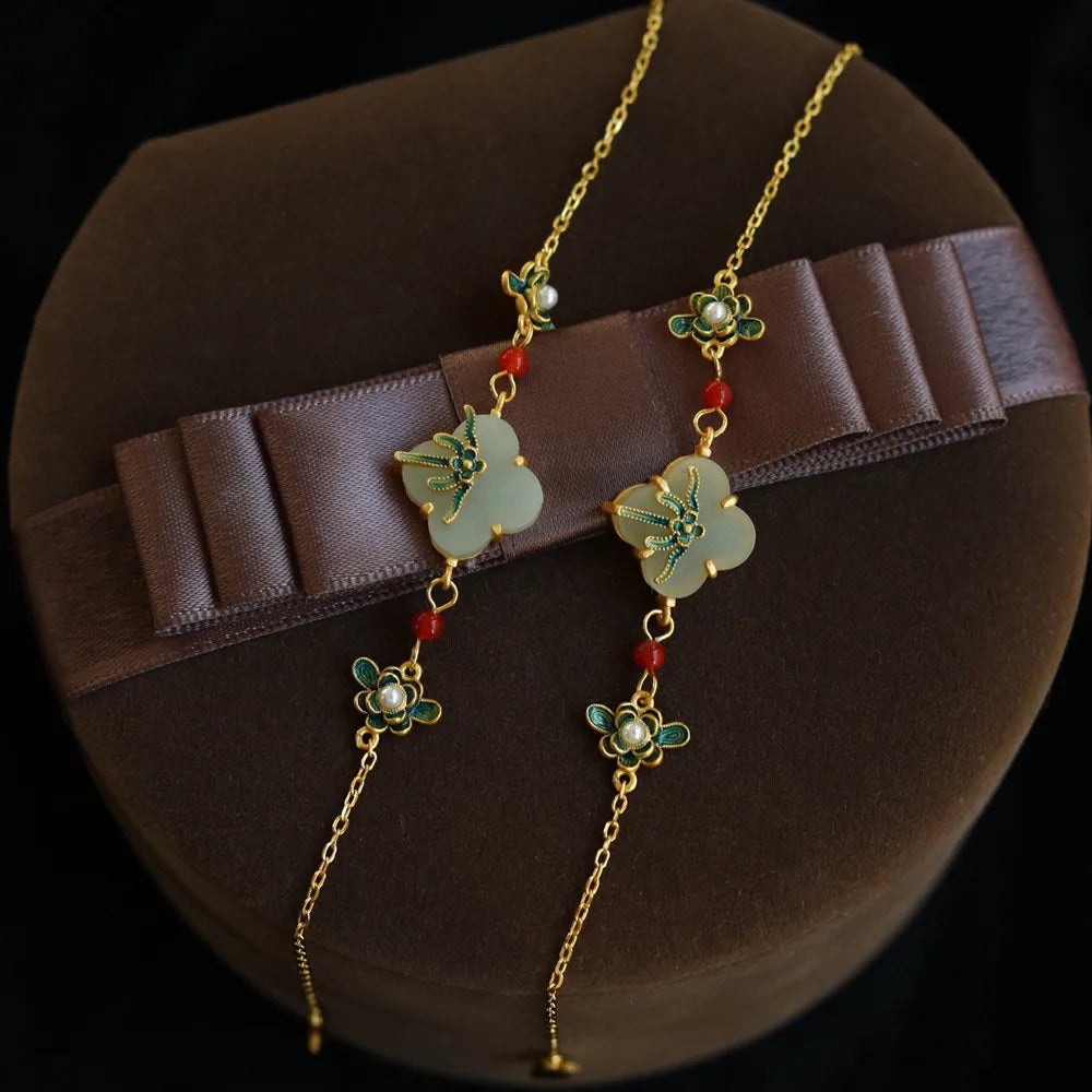 Vintage Green Jade Enamel Chain Bracelet 14k Jewelry