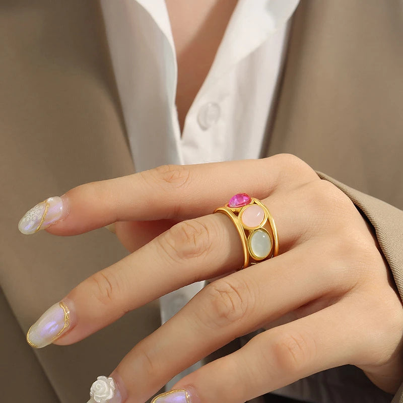 Vintage Glass Bead Ring Titanium Steel Opening Ring
