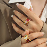 Vintage Glass Bead Ring Titanium Steel Opening Ring