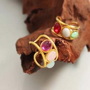 Vintage Glass Bead Ring Titanium Steel Opening Ring