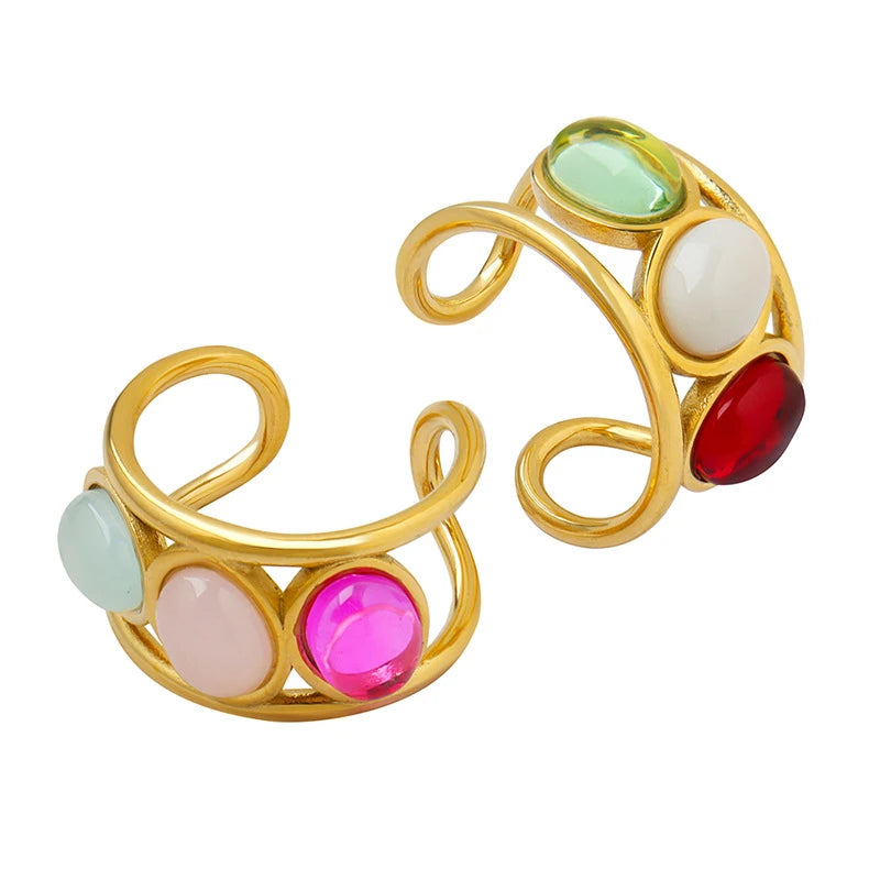 Vintage Glass Bead Ring Titanium Steel Opening Ring