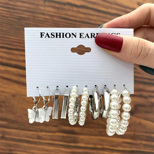 Colorful Pearl Metal Earring Set Butterfly Eardrop Leopard Hoop