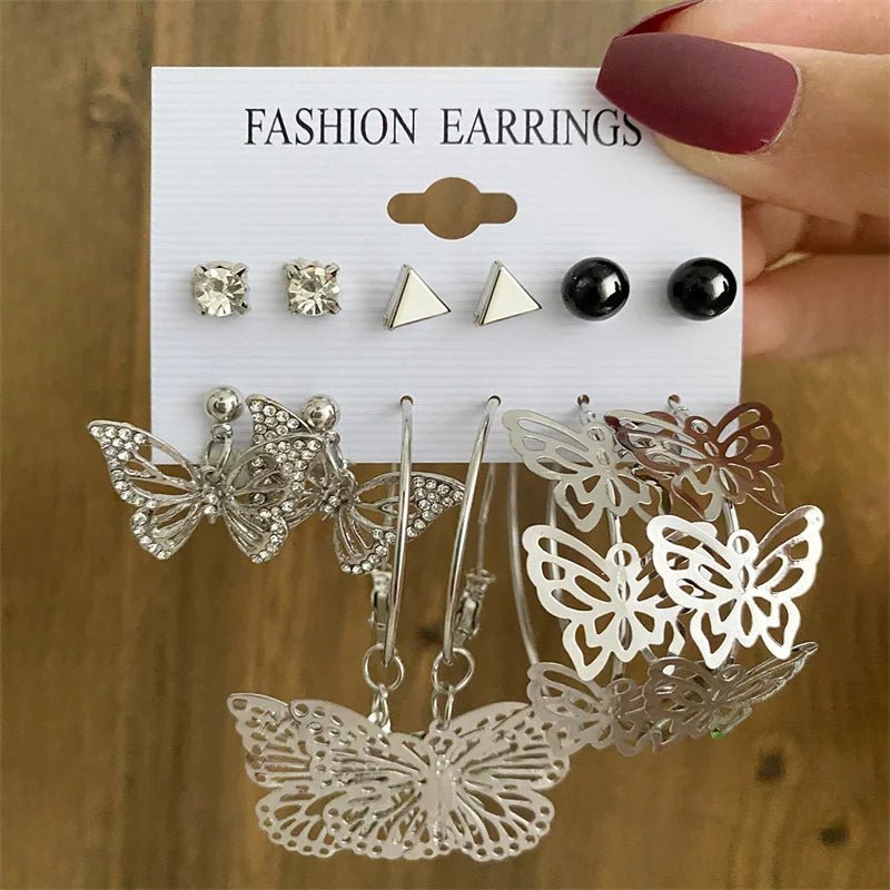 Colorful Pearl Metal Earring Set Butterfly Eardrop Leopard Hoop