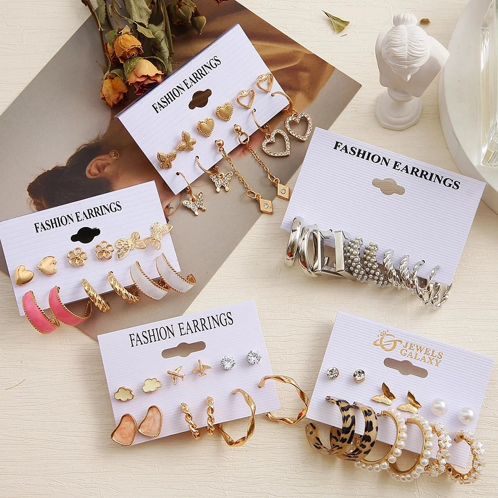 Colorful Pearl Metal Earring Set Butterfly Eardrop Leopard Hoop