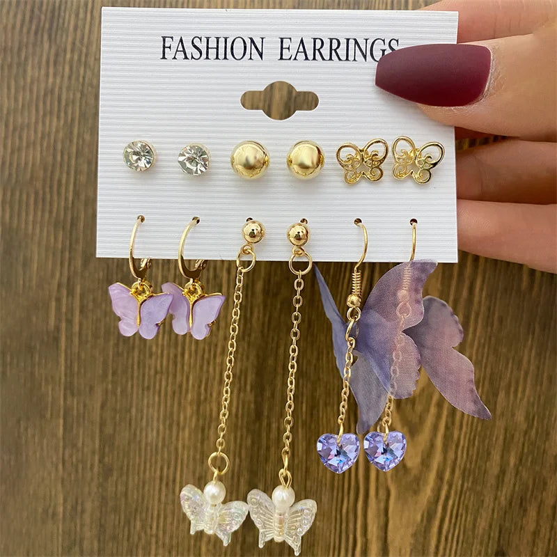 Colorful Pearl Metal Earring Set Butterfly Eardrop Leopard Hoop