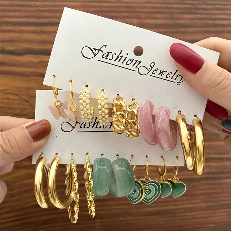 Colorful Pearl Metal Earring Set Butterfly Eardrop Leopard Hoop