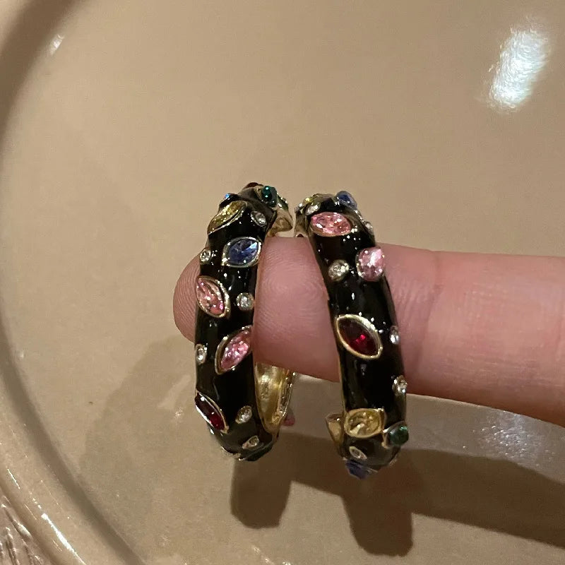Colorful Rhinestone C Hoop Earrings Women Sweet Jewelry
