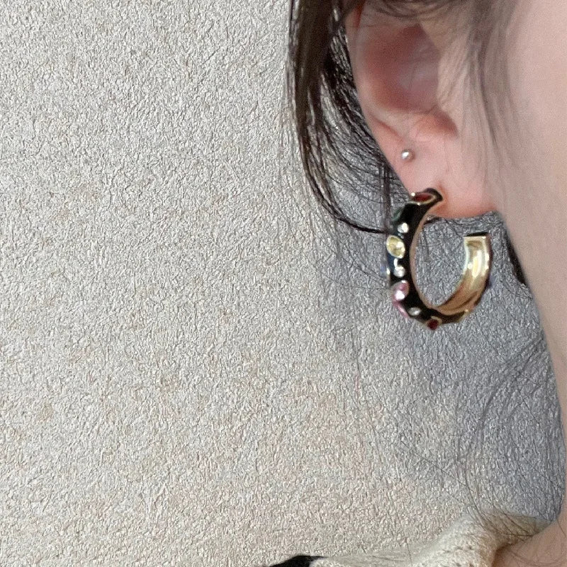 Colorful Rhinestone C Hoop Earrings Women Sweet Jewelry