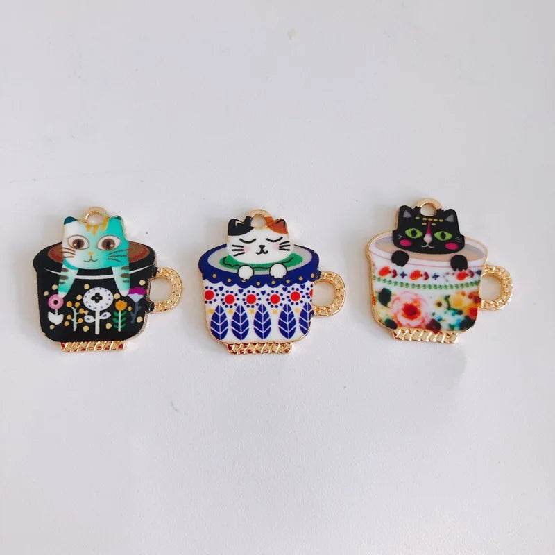 Vintage Cat Cup Charm Pendants 50pcs Alloy Jewelry Necklace DIY 22mm
