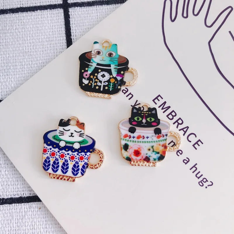 Vintage Cat Cup Charm Pendants 50pcs Alloy Jewelry Necklace DIY 22mm