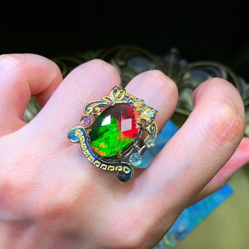 Vintage Watermelon Tourmaline Two Tone Silver Open Ring