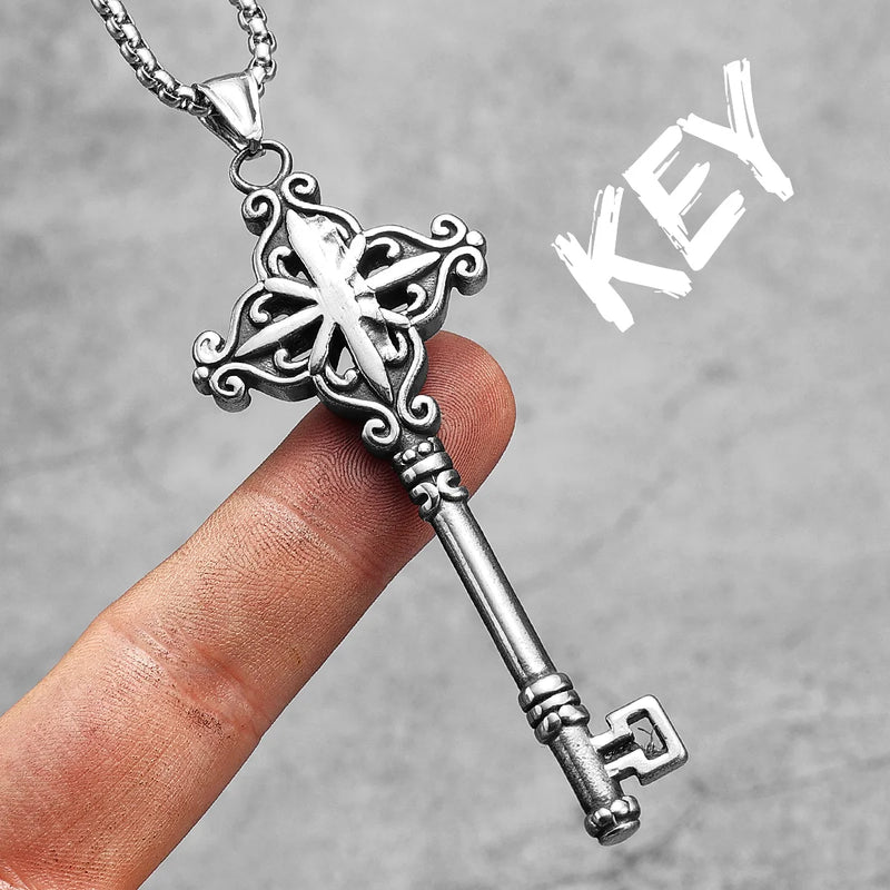 Vintage Cross Key Stainless Steel Necklace Pendant Chain