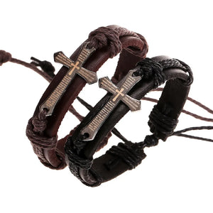 Vintage Cross Leather Bracelet Men Braided Star Rope Wrap Male Gift