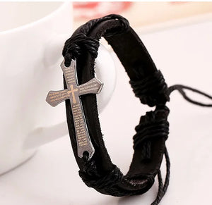 Vintage Cross Leather Bracelet Men Braided Star Rope Wrap Male Gift