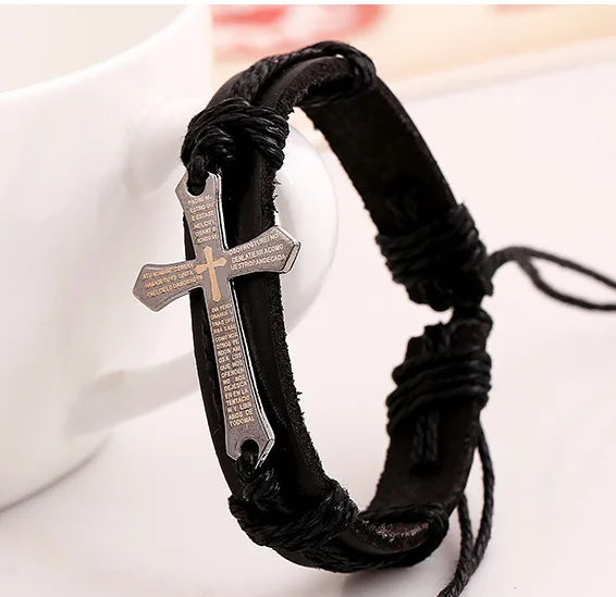 Vintage Cross Leather Bracelet Men Braided Star Rope Wrap Male Gift