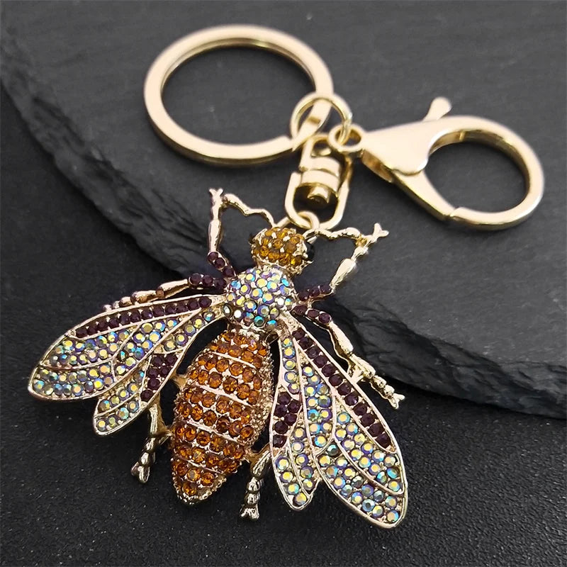 Vintage Crystal Bee Pendant Key Chain Rhinestone Keyring