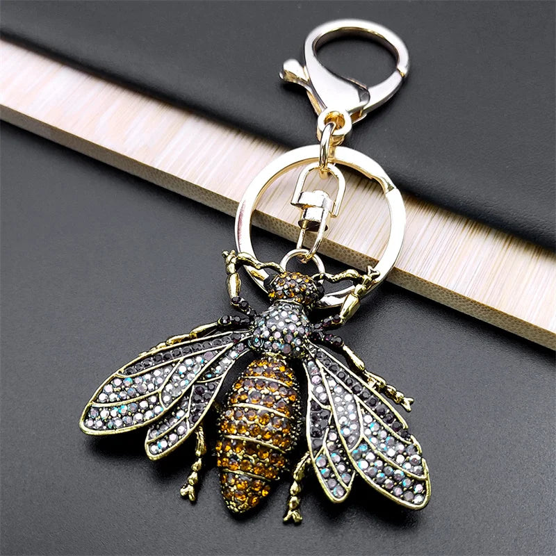 Vintage Crystal Bee Pendant Key Chain Rhinestone Keyring