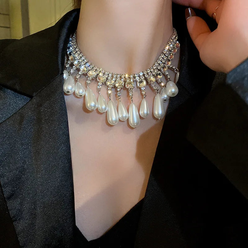Vintage Crystal Choker Tassel Drop Pearl Necklace for Women Girls