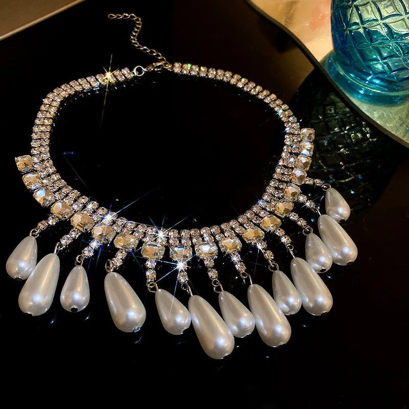 Vintage Crystal Choker Tassel Drop Pearl Necklace for Women Girls