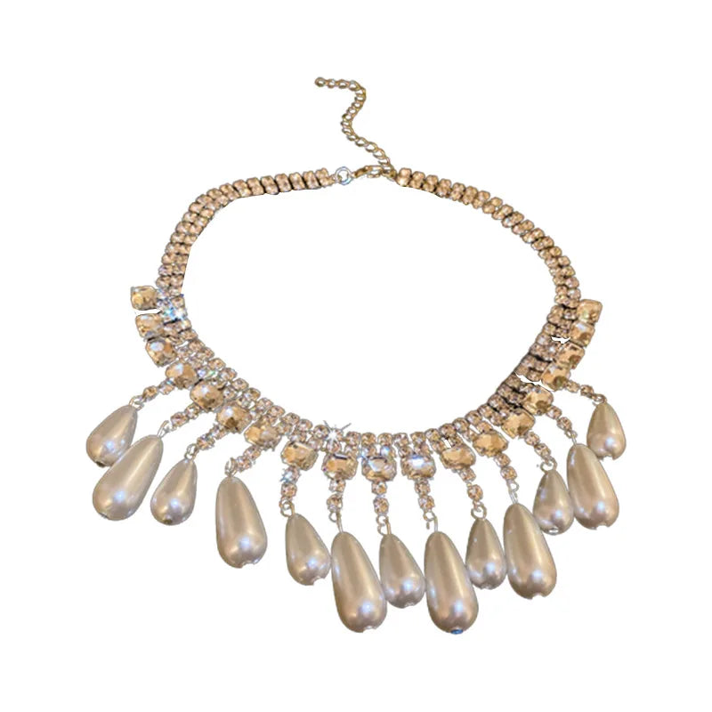 Vintage Crystal Choker Tassel Drop Pearl Necklace for Women Girls