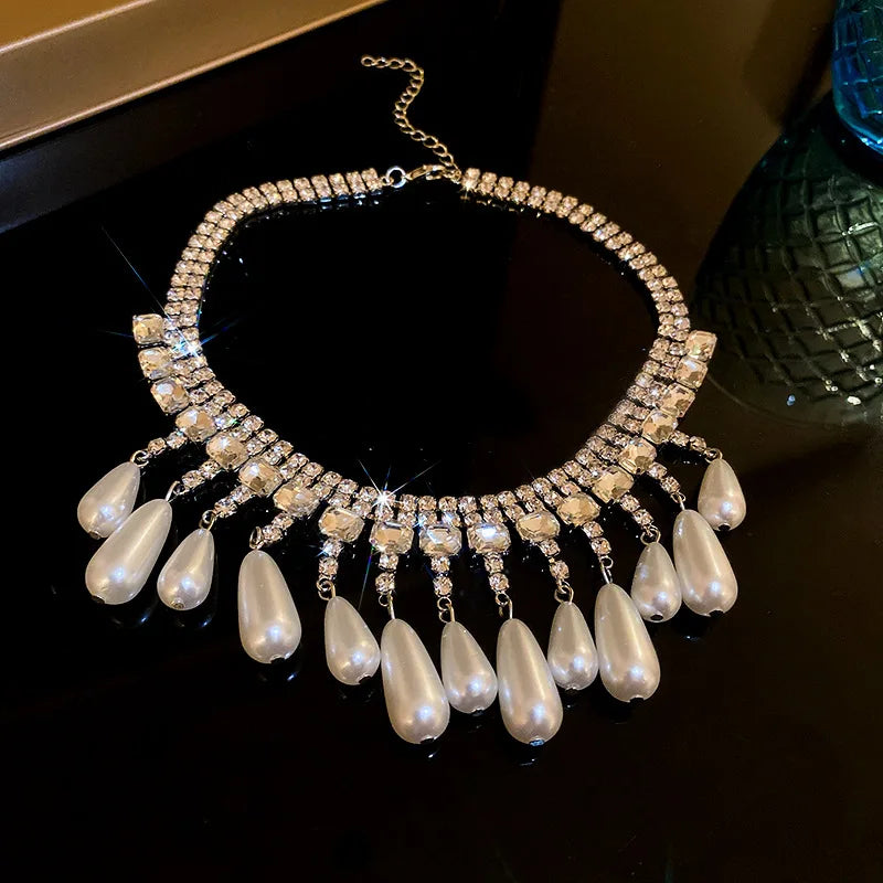 Vintage Crystal Choker Tassel Drop Pearl Necklace for Women Girls