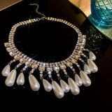 Vintage Crystal Choker Tassel Drop Pearl Necklace for Women Girls