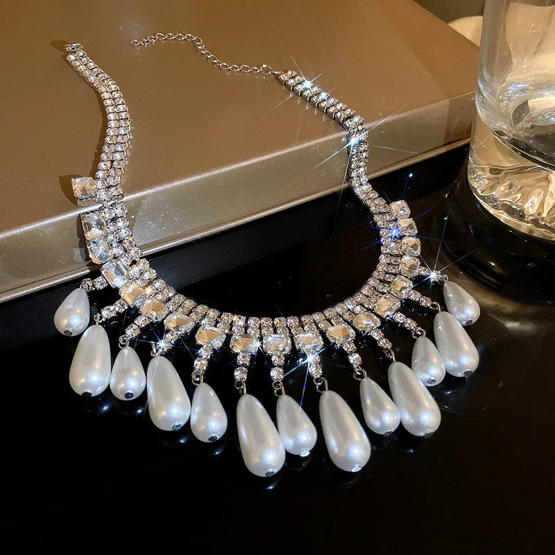 Vintage Crystal Choker Tassel Drop Pearl Necklace for Women Girls